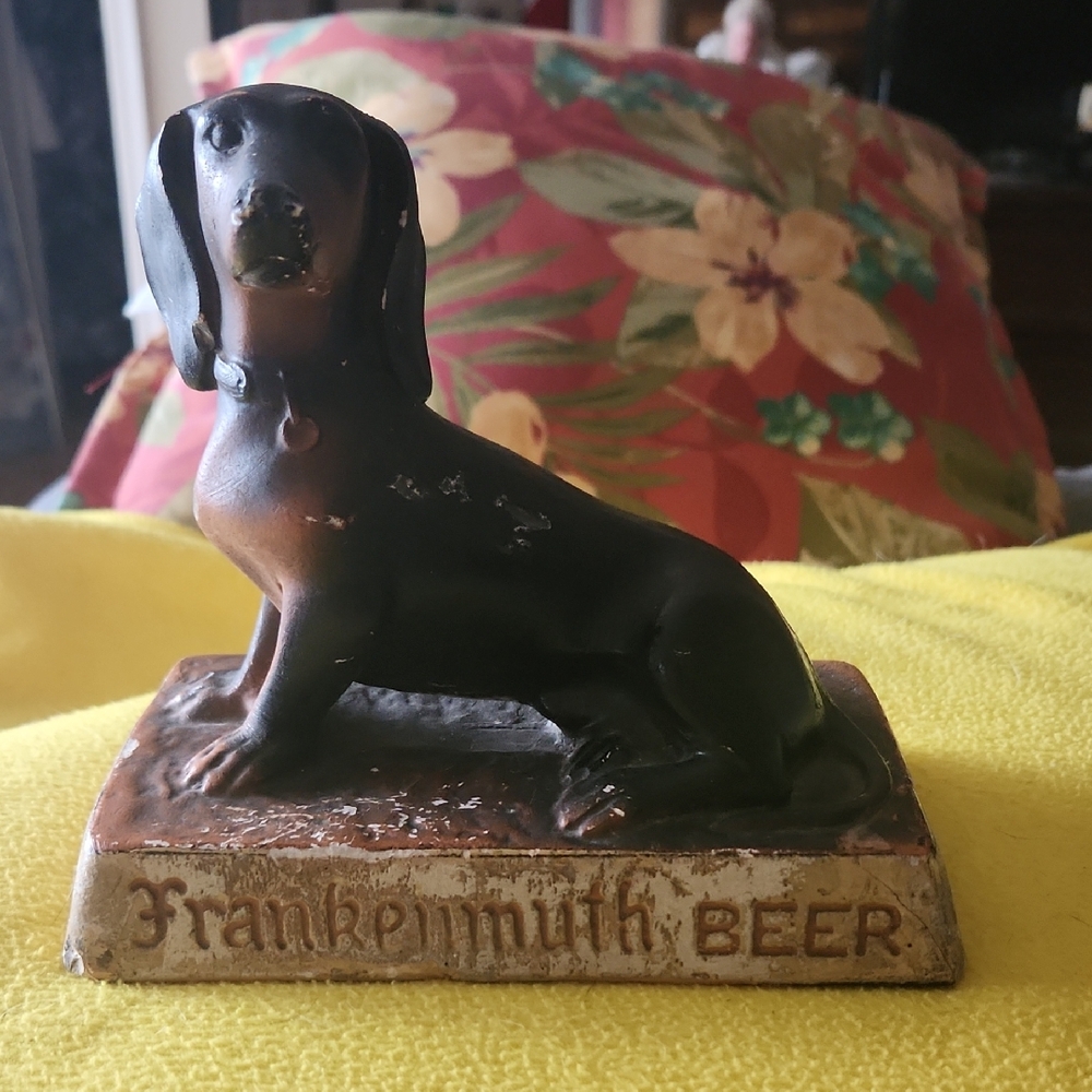 Vintage Frankie the Daschund mascot for Frankenmuth beer & ale in Chalkware